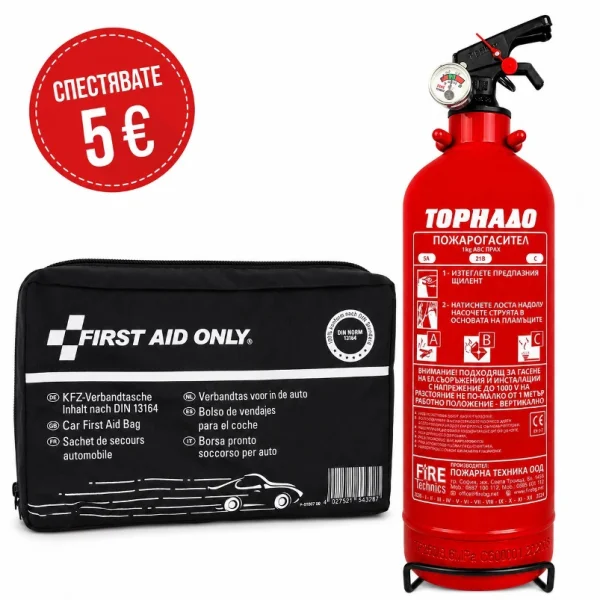 Комбо оферта за автомобила: аптечка First Aid Only + пожарогасител 1 кг ABC Tornado