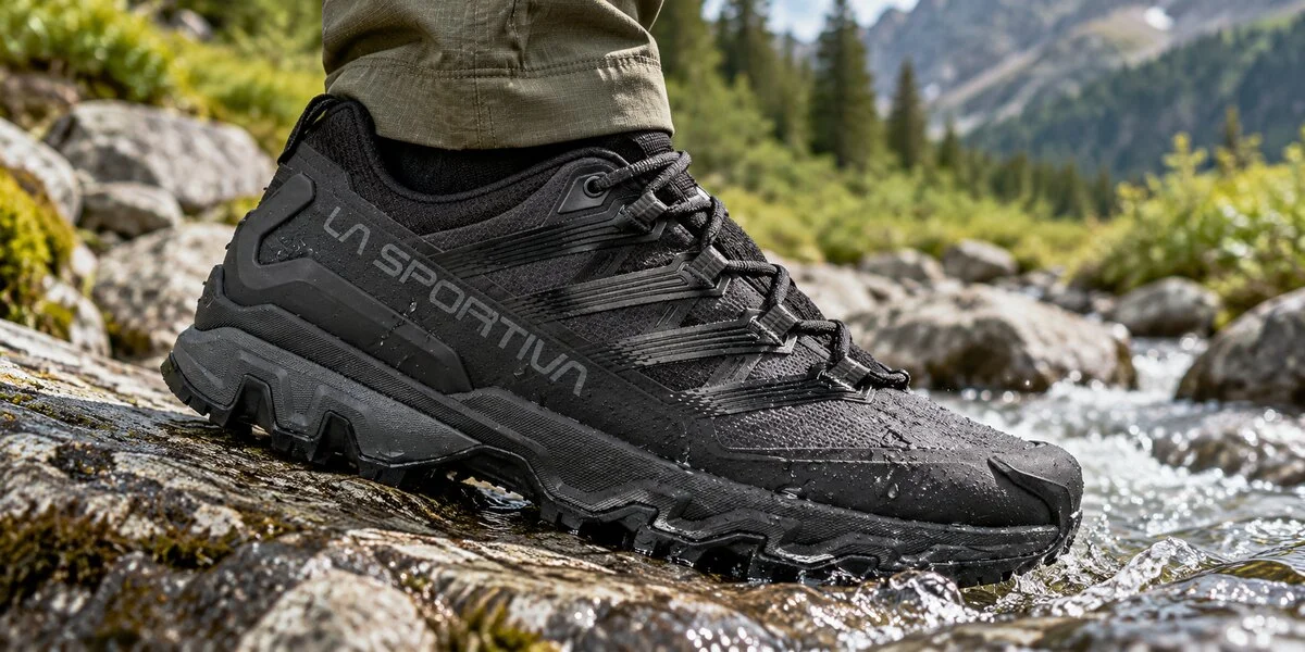 Туристическа обувка La Sportiva Ultra Raptor 3 върху мокри скали